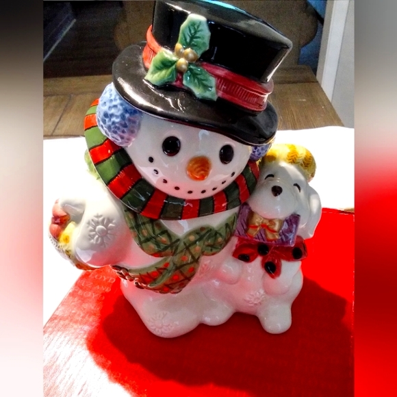 Fitz & Floyd Classics Frosty Folks Snowman Puppy Candy Jar - Picture 1 of 12